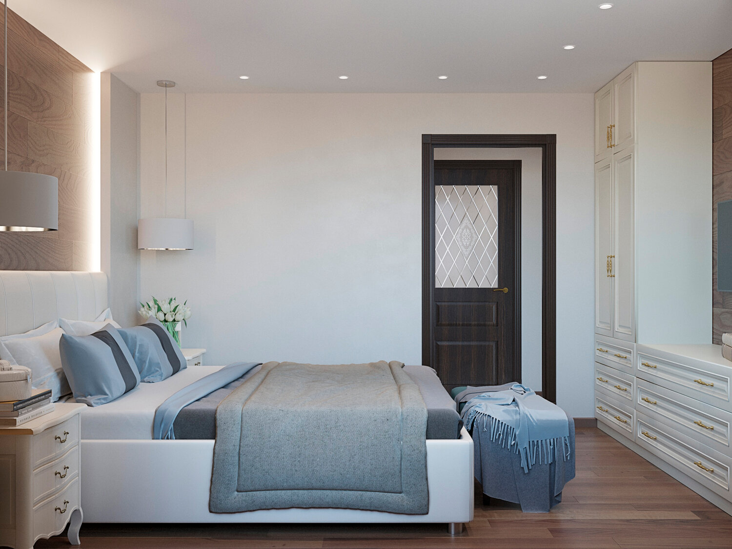 дизайн спальни, спальни, дизайн интерьера, спальня идея, спальня в светлых тонах с гардеробной