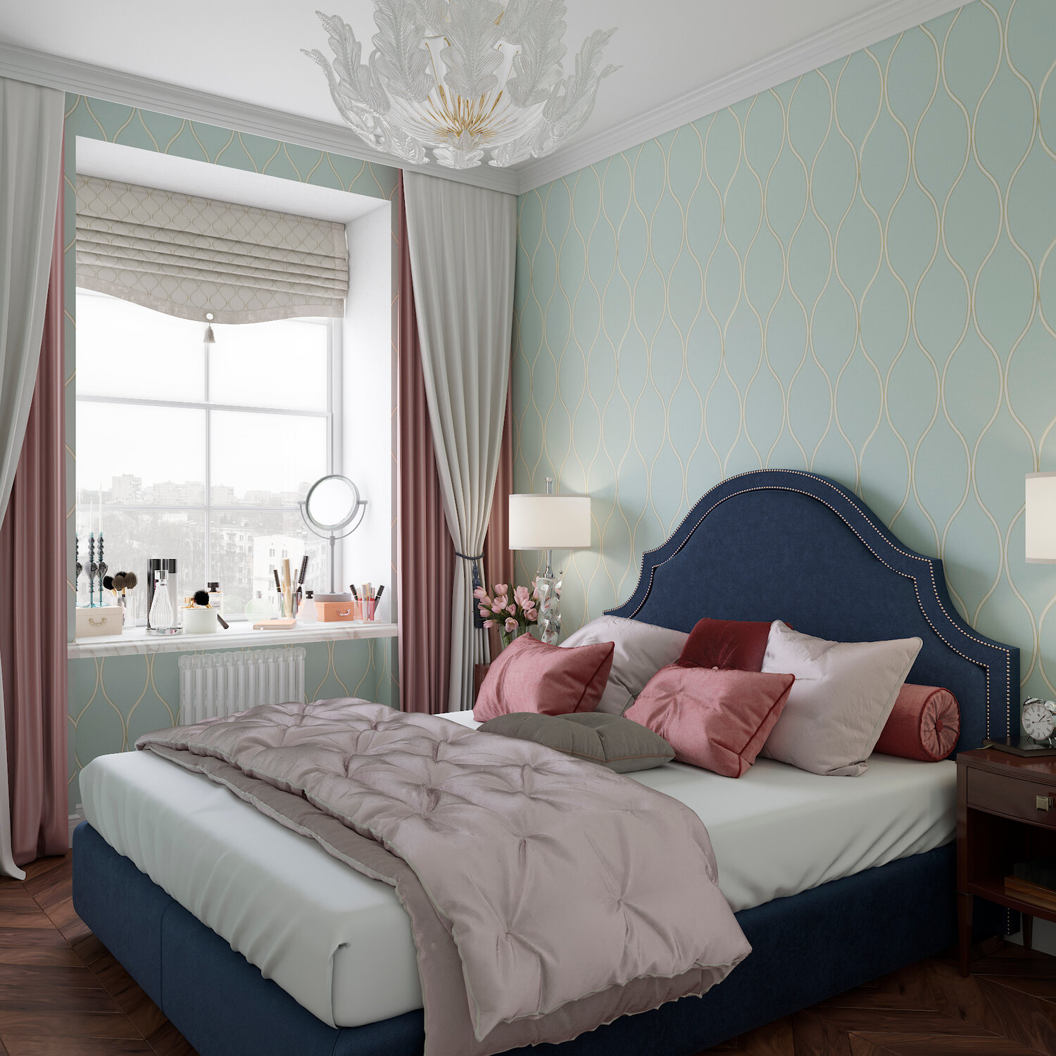 голубая спальня неоклассика, бирюзовый интерьер спальни, спальня в голубых тонах дизайн, интерьер спальни в классическом стиле, спальни в стиле неоклассика