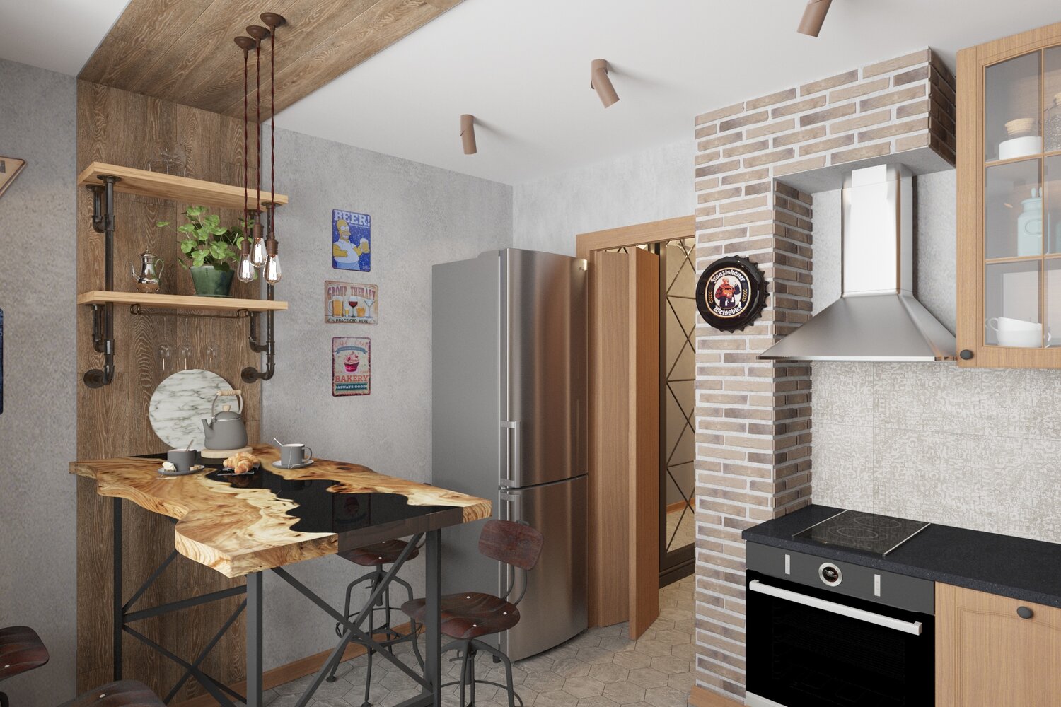 кухня в стиле лофт в однушке, маленькая кухня в стиле лофт, кухня в стиле лофт, дизайн кухни в стиле лофт, квартира в стиле лофт