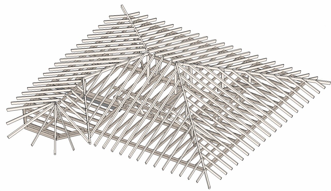 схема стропил трехскатной крыши, сложная вальмовая крыша стропильная система, вальмовая кровля конструкция стропил, полувальмовая крыша стропильная система чертеж, схема крепления стропил вальмовой крыши