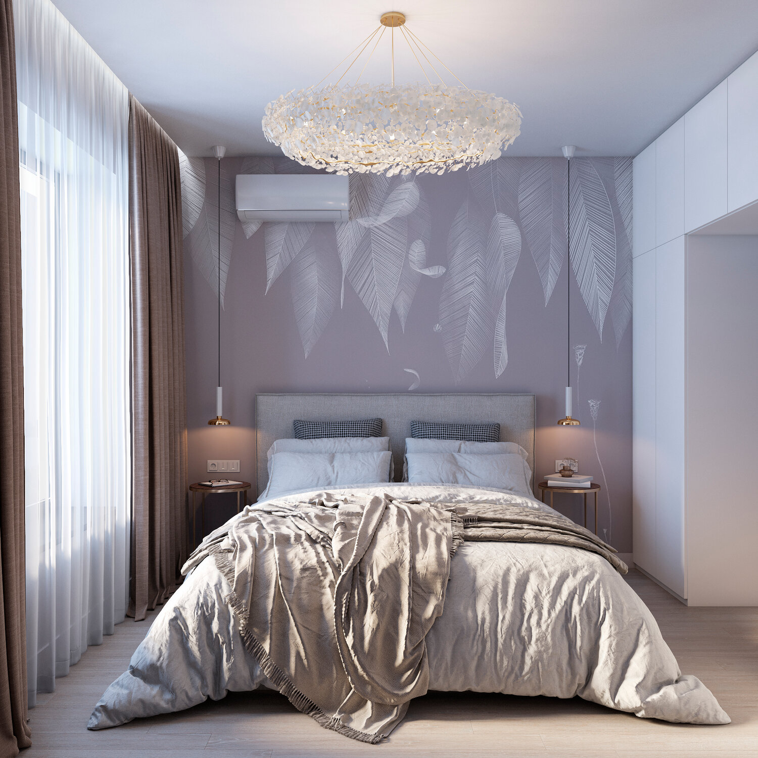 интерьер спальной, спальни в современном стиле, дизайн спален в современном стиле, спальня с перьями, спальни дизайн