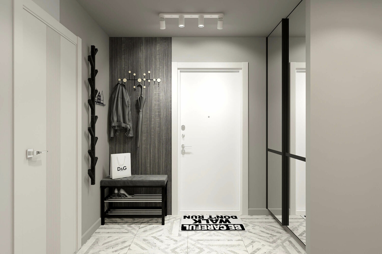 дизайн прихожей, коридор дизайн, дизайн прихожей в квартире, сереая прихожая для узкого кори дора, черно белый коридор