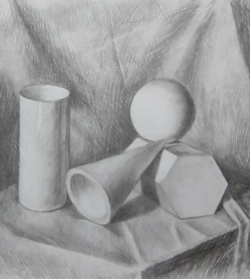 натюрморт геометрических фигур, академический рисунок, натюрморт гипсовые фигуры, натюрморт из геометрических тел, натюрморт из геометрических фигур