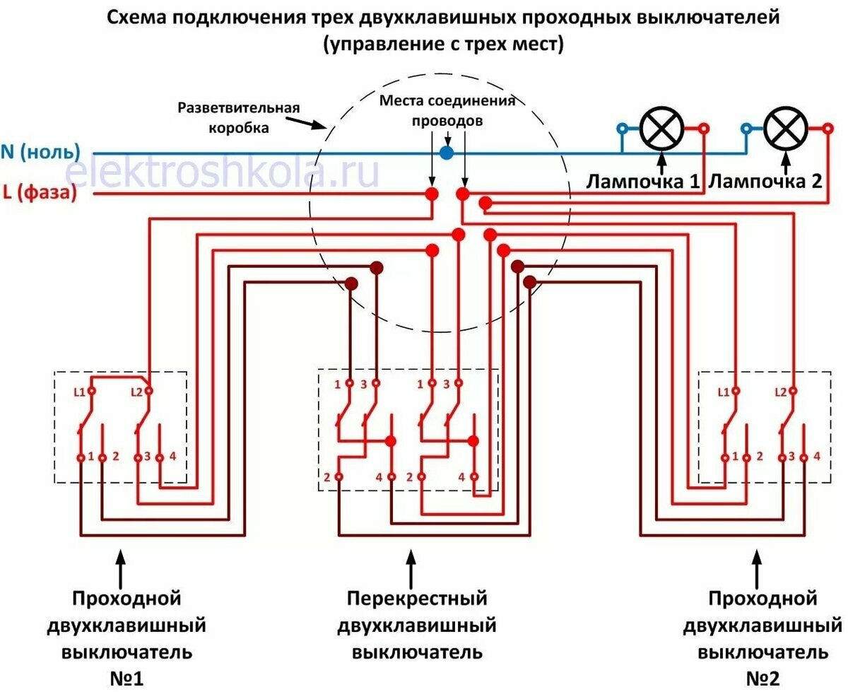 проходной двухклавишный выключатель с 2 мест схема подключения, проходной выключатель, 2 клавишный проходной выключатель с трех мест схема, проходной переключатель схема, двухклавишный проходной переключатель схема