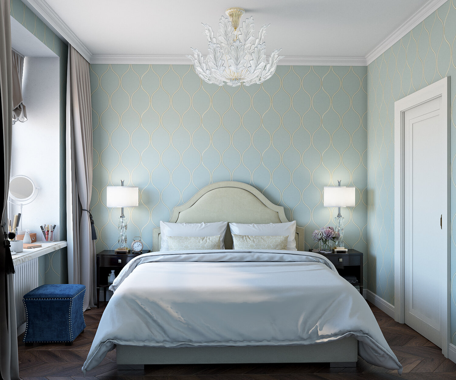 бирюзовая спальня в классическом стиле, спальня в современном классическом стиле, спальня в стиле неоклассика, спальня в классическом стиле дизайн, спальня современная классика