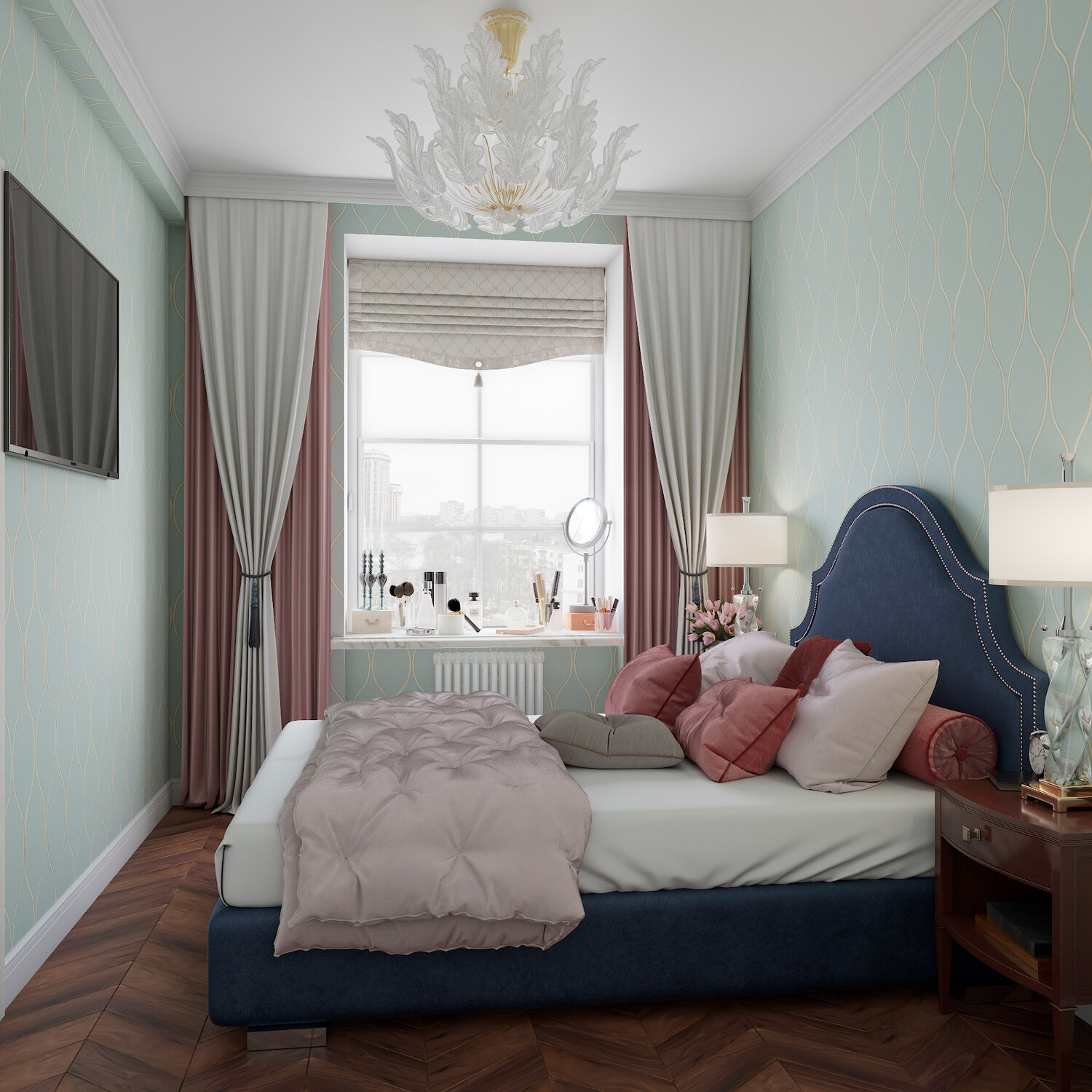 голубая спальня неоклассика, спальня в серо голубых тонах, интерьер спальни, дизайн спальни, интерьер дизайн спальни