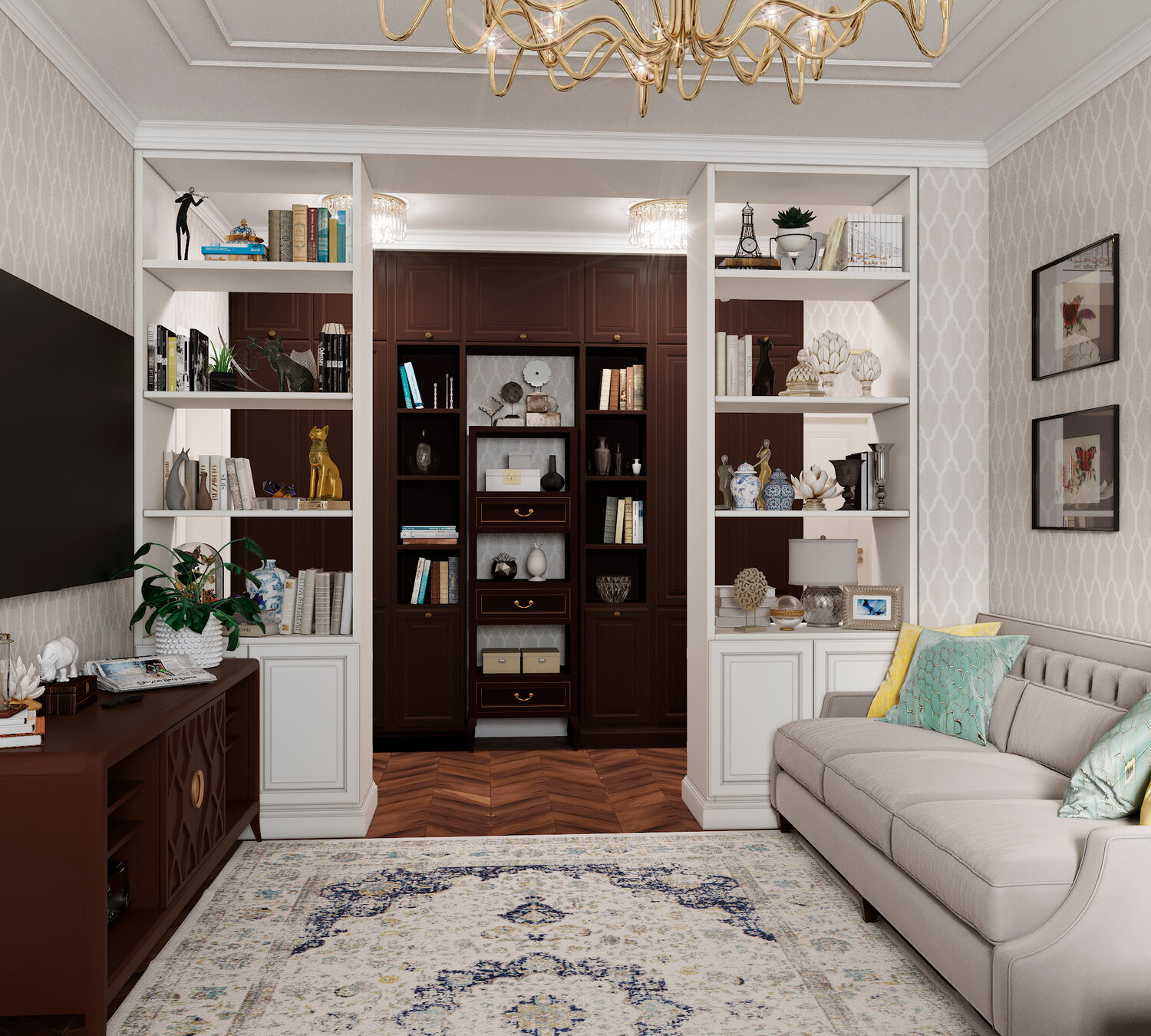 гостиная неоклассика, система хранения в гостиной в неоклассическом стиле, стиль неоклассика в интерьере квартиры, дизайн интерьера, интерьер гостиной