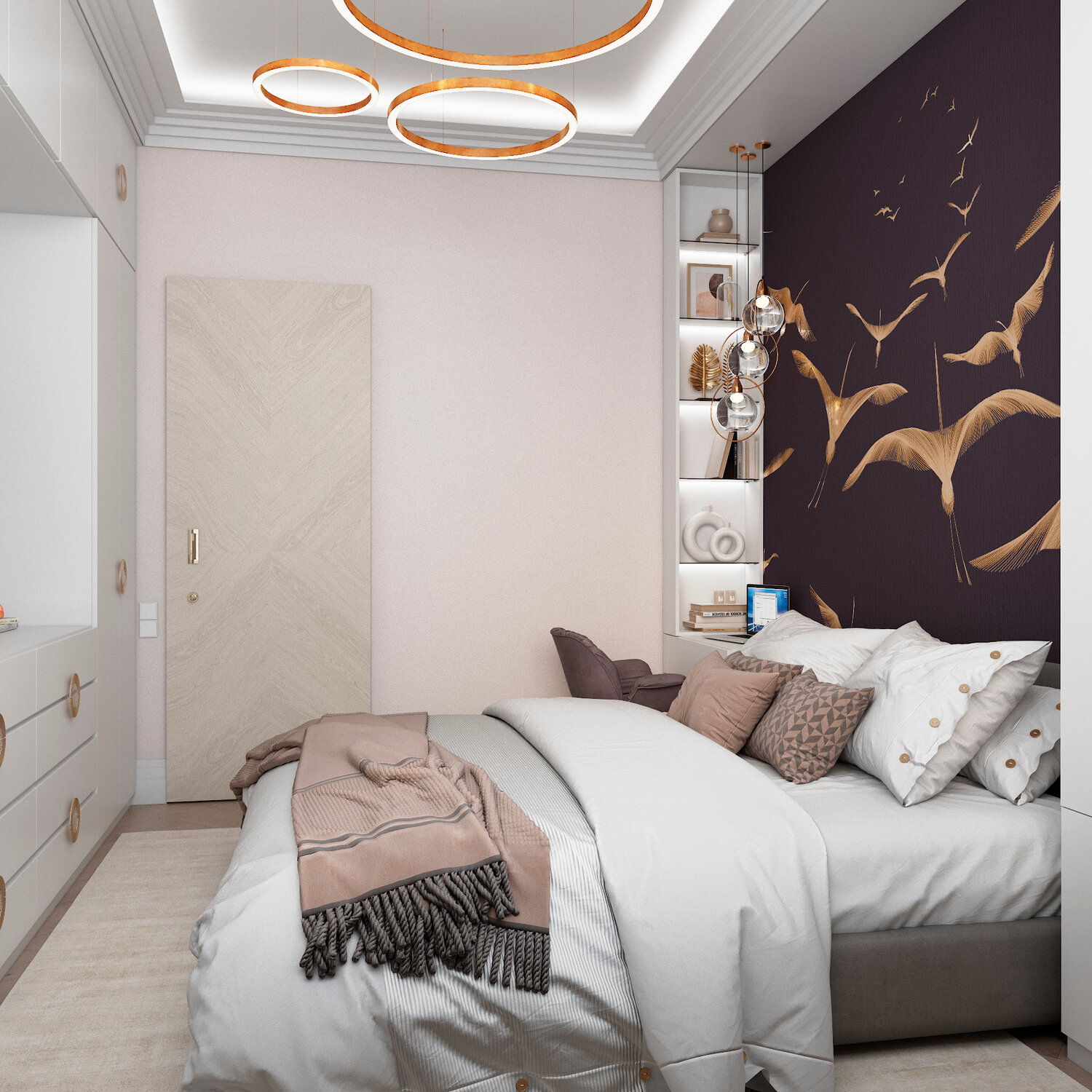 дизайн спальни, интерьер спальни, дизайн интерьера спальни, дизайн спальни небольшой, спальня в светлых тонах с гардеробной