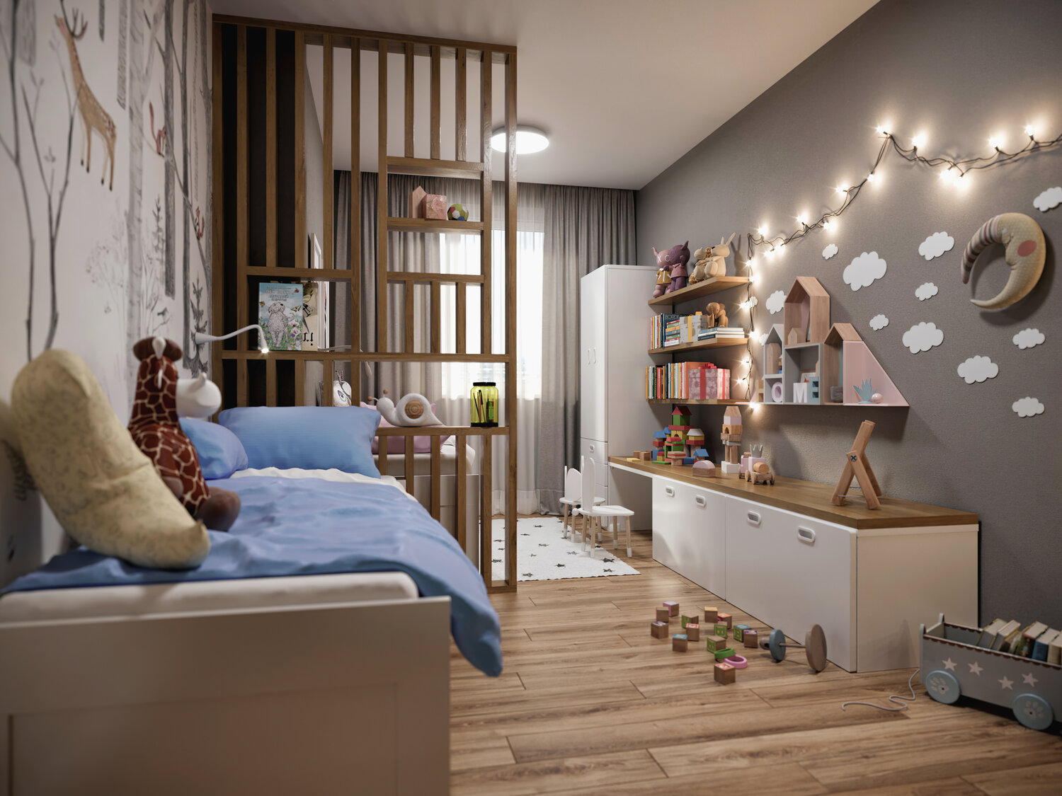 детская комната, европейская детская комната, интерьер детской комнаты 2021, интерьер студии с ребенком, детская визуализация интерьера