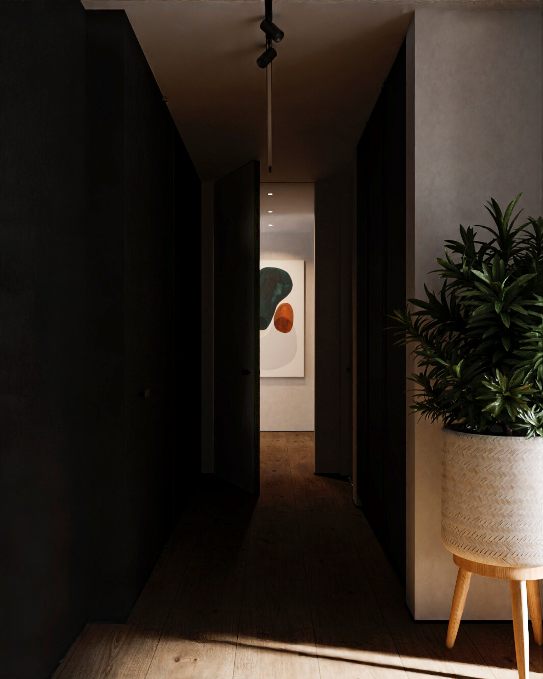 минималистичный интерьер, темный коридор в квартире, интерьер коридора, интерьер прихожей, коридор в квартире
