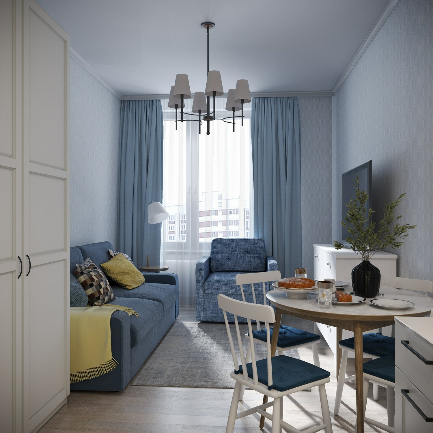 маленькая кухня гостиная, кухня гостиная бежево синяя, дизайн квартиры студии, дизайн маленькой квартиры студии, кухня гостиная дизайн