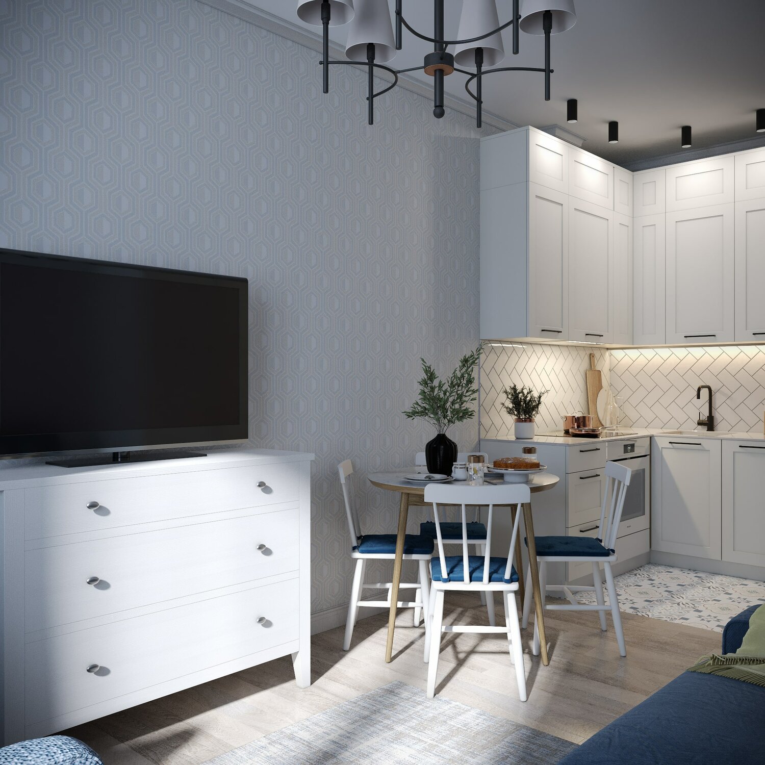 кухня интерьер, интерьер дизайн кухни, дизайн интерьера студии, дизайн студии, евродвушка в скандинавском стиле