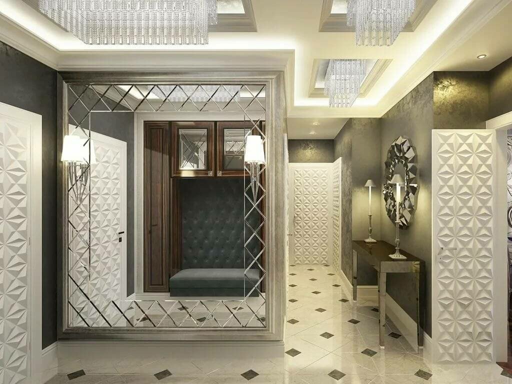 зеркала в интерьере прихожей, дизайн квадратной прихожей, зеркало в прихожую, интерьер квадратной прихожей, современный дизайн прихожей
