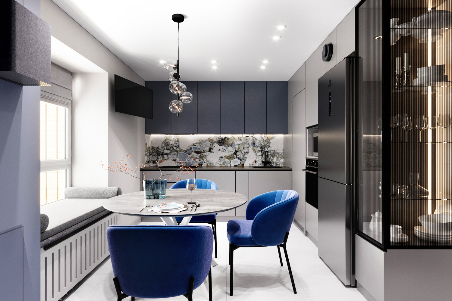 синяя кухня в современном стиле, современный дизайн кухни, интерьер кухни, дизайн интерьера кухни, дизайн студии