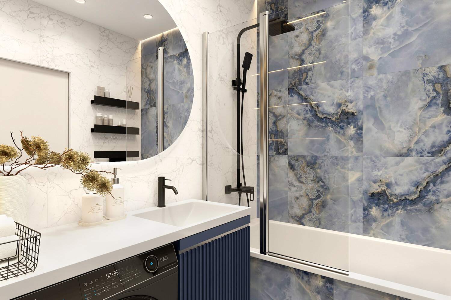 синий мрамор плитка для ванной, дизайн ванной комнаты, дизайн ванной комнаты керамогранит, ванная комната, дизайн небольшой ванной